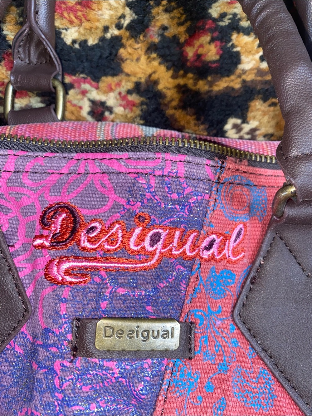 Desigual Pink Purple Floral-Print purse with Brown Handles